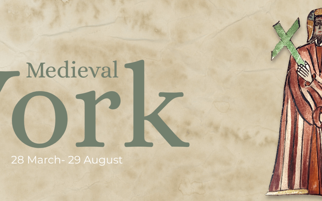 Medieval York text on a textured paper effect. Christ is depicted holding a cross, the image is from our Arma Christi scroll.